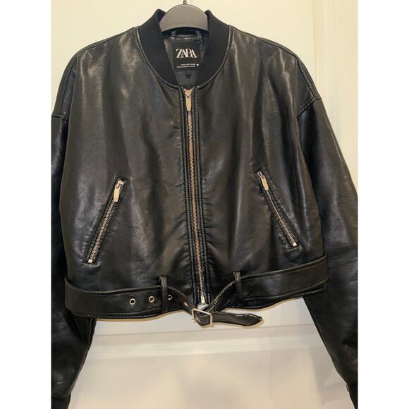 Zara Jackets & Blazers - Zara Faux Leather Cropped Bomber Jacket Women Black Belted Moto Style